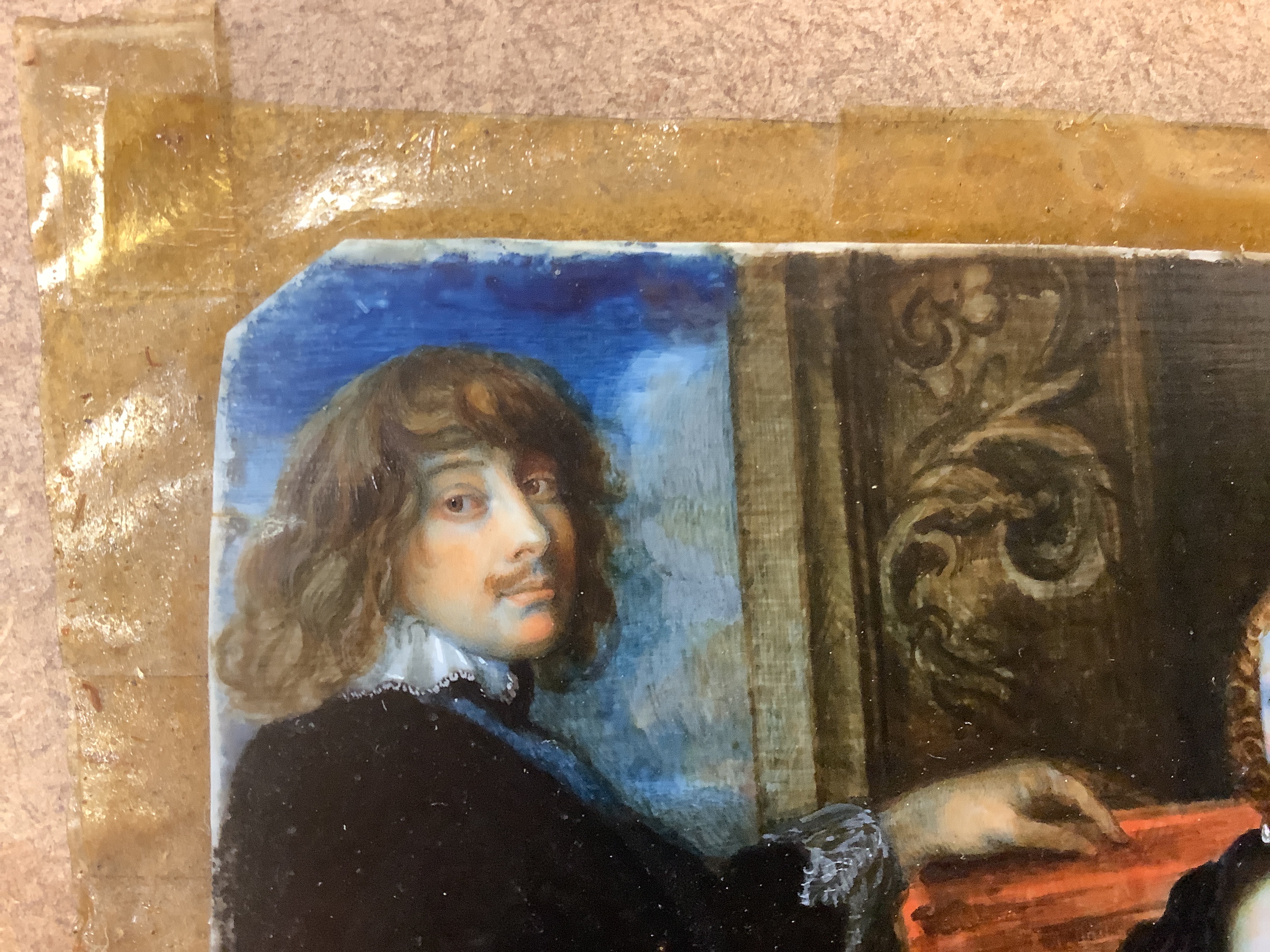 After Anthony Van Dyck (Flemish 1599 –1641) Antique miniature portrait of Algernon Percy, 10th Earl of Northumberland, his wife and daughter, inscribed in ink verso, housed in an ebonised wood frame, overall 19cm x 17cm